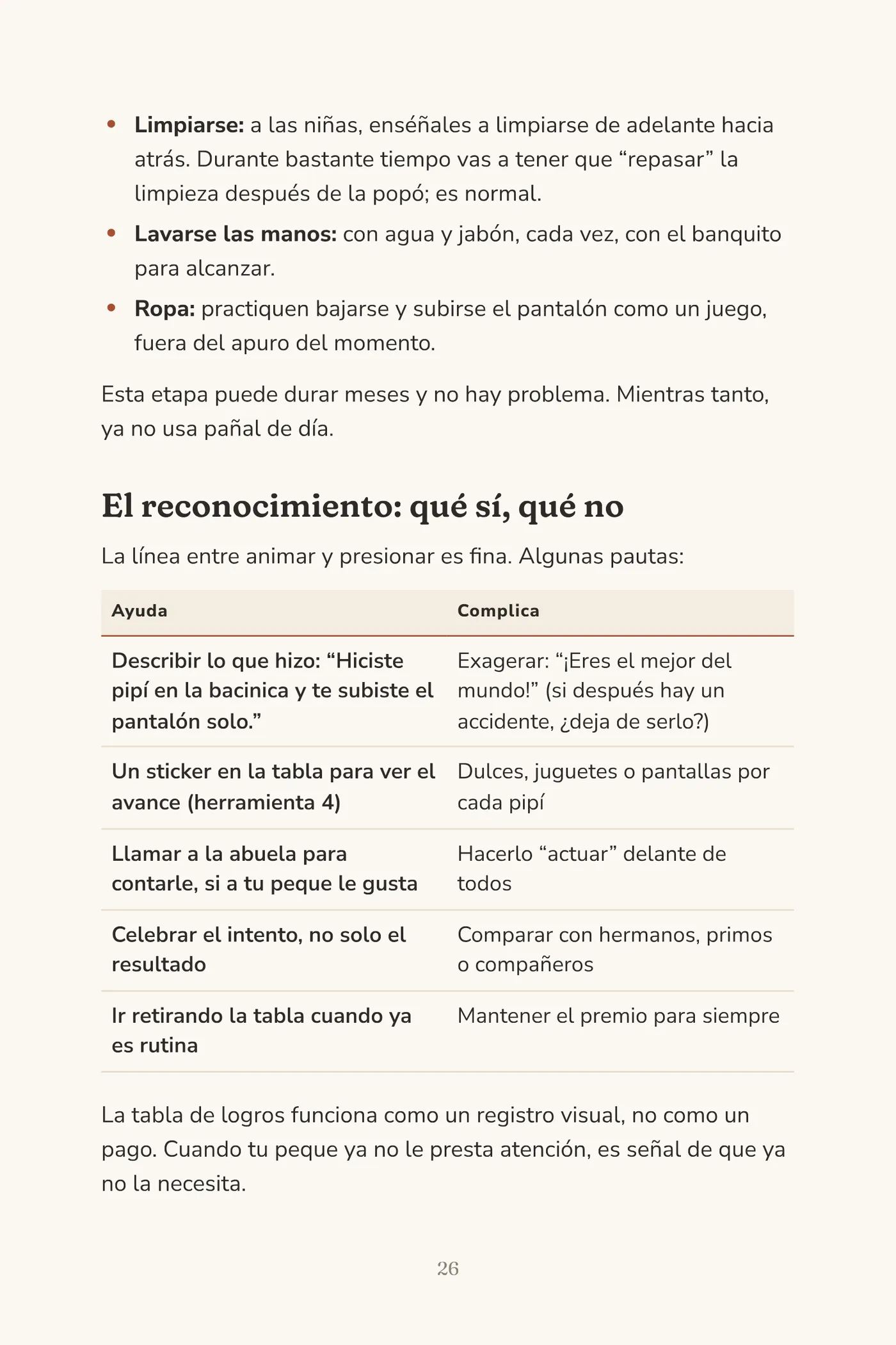 Página del capítulo 3 con la tabla de lo que ayuda y lo que complica al reconocer los avances.