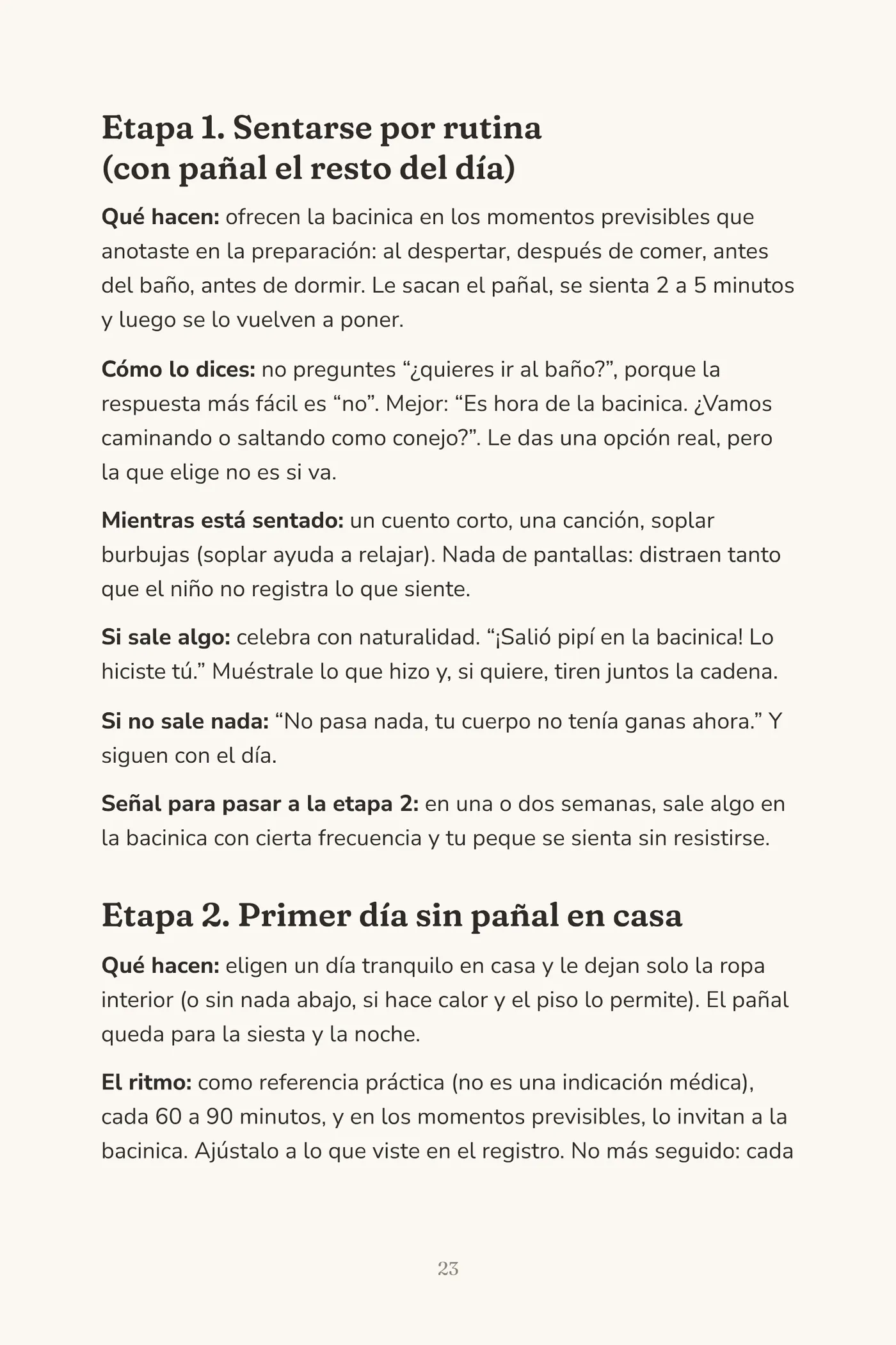 Página del capítulo 3 con la etapa 1, sentarse por rutina, y la etapa 2, primer día sin pañal en casa.