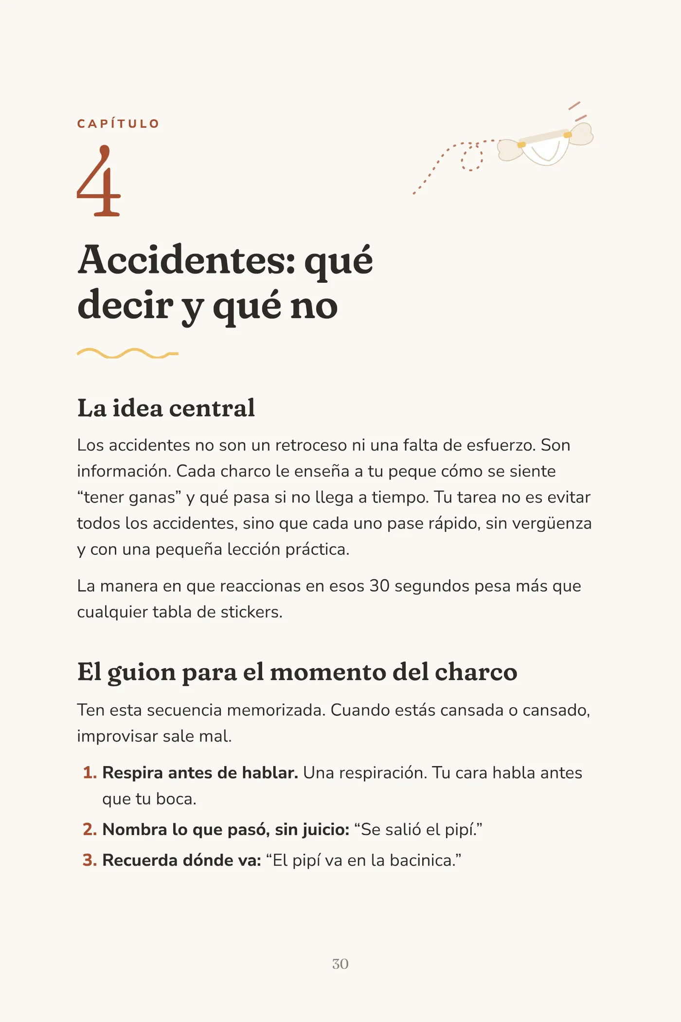 Página de apertura del capítulo 4, Accidentes: qué decir y qué no, con el guion para el momento del charco.