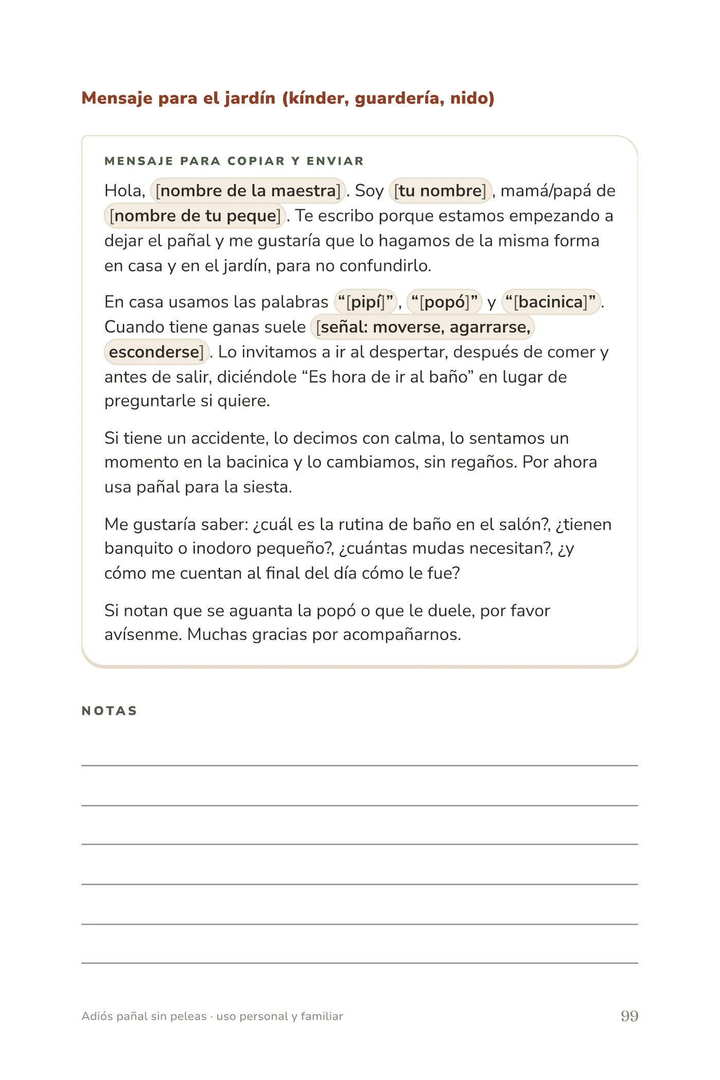 Página del bonus de guiones con un mensaje para el jardín listo para completar y enviar.