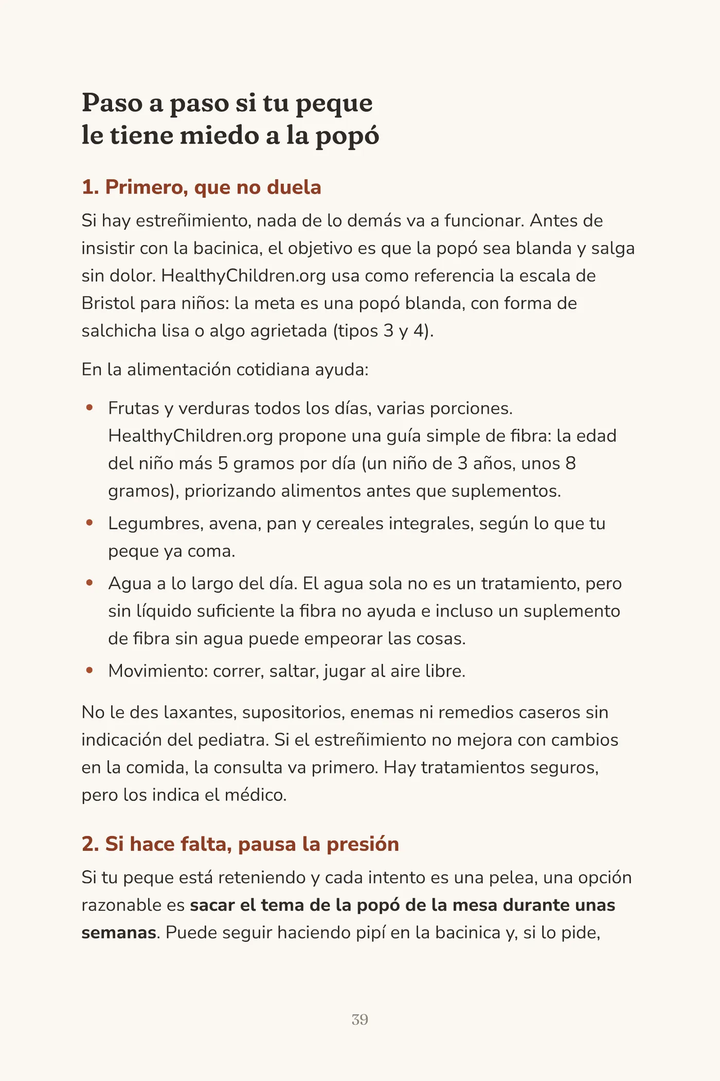Página del capítulo 5 con el paso a paso para un peque que le tiene miedo a hacer popó.