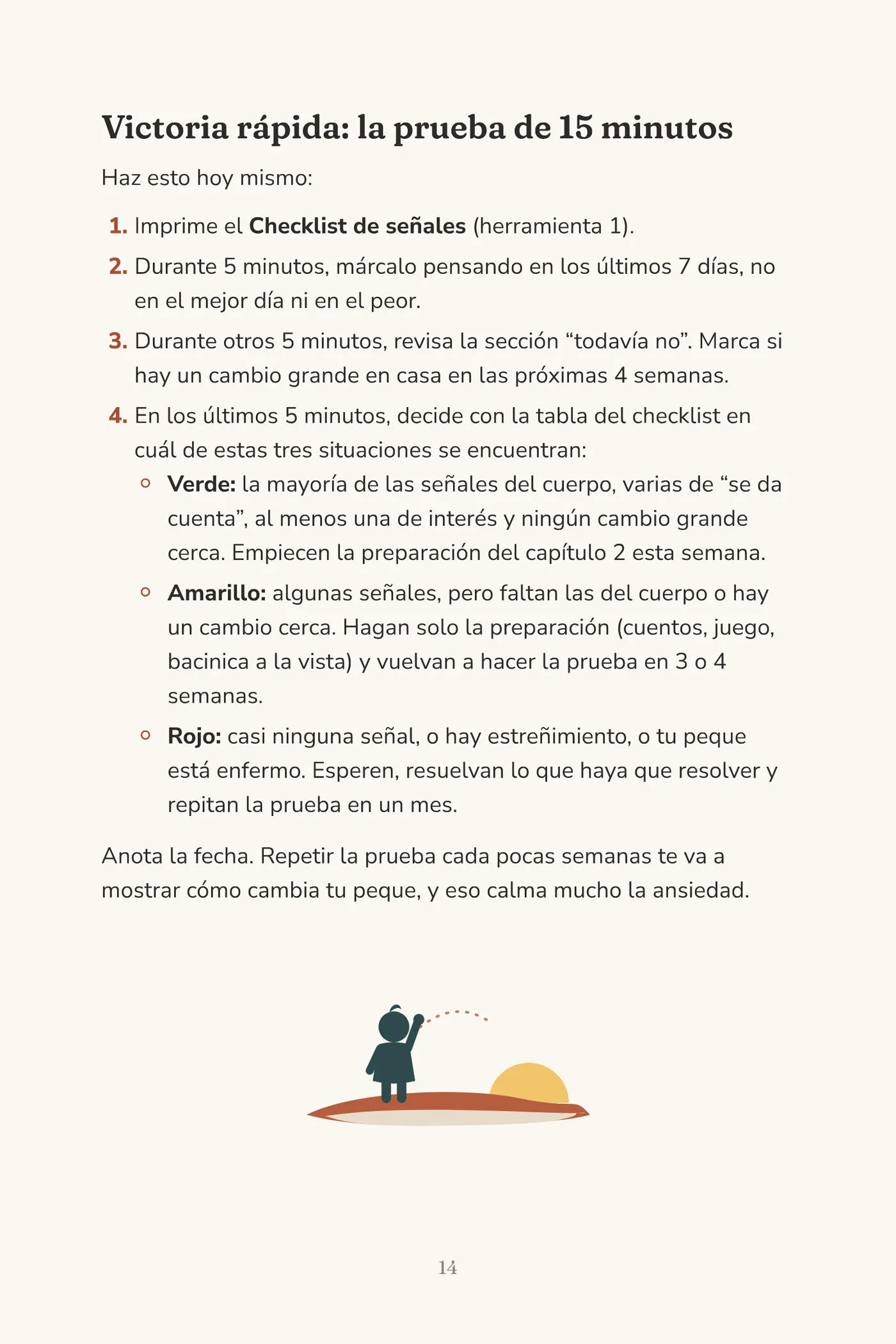 Página del capítulo 1 con los pasos de la prueba de 15 minutos y los resultados verde, amarillo y rojo.