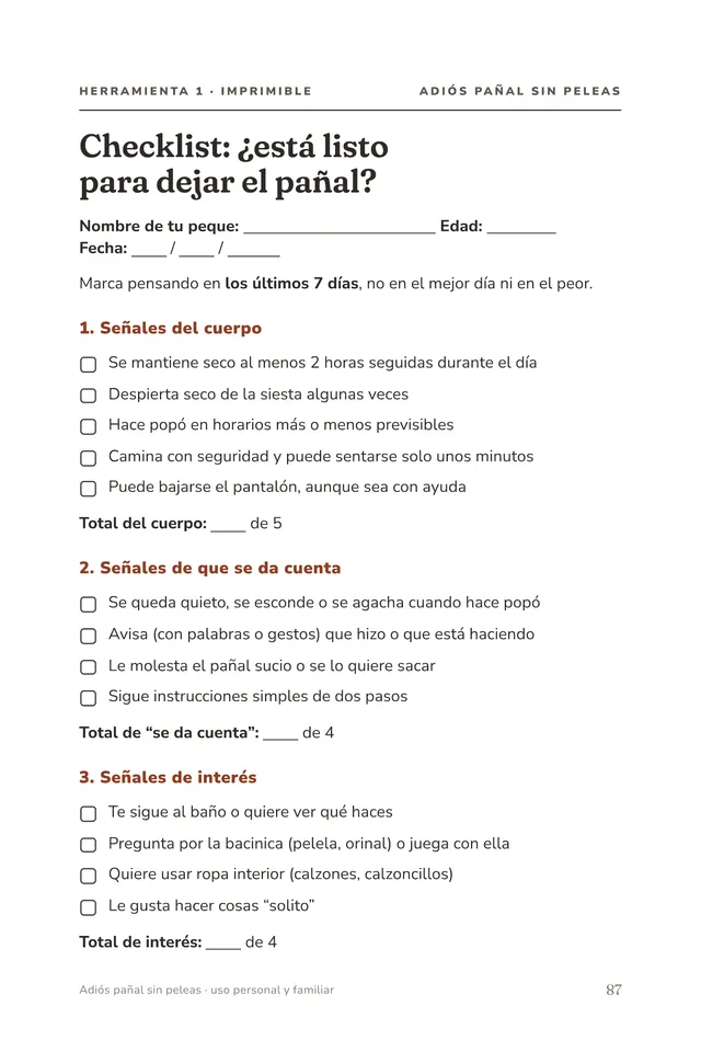 Página de la herramienta “Checklist: ¿está listo para dejar el pañal?”.