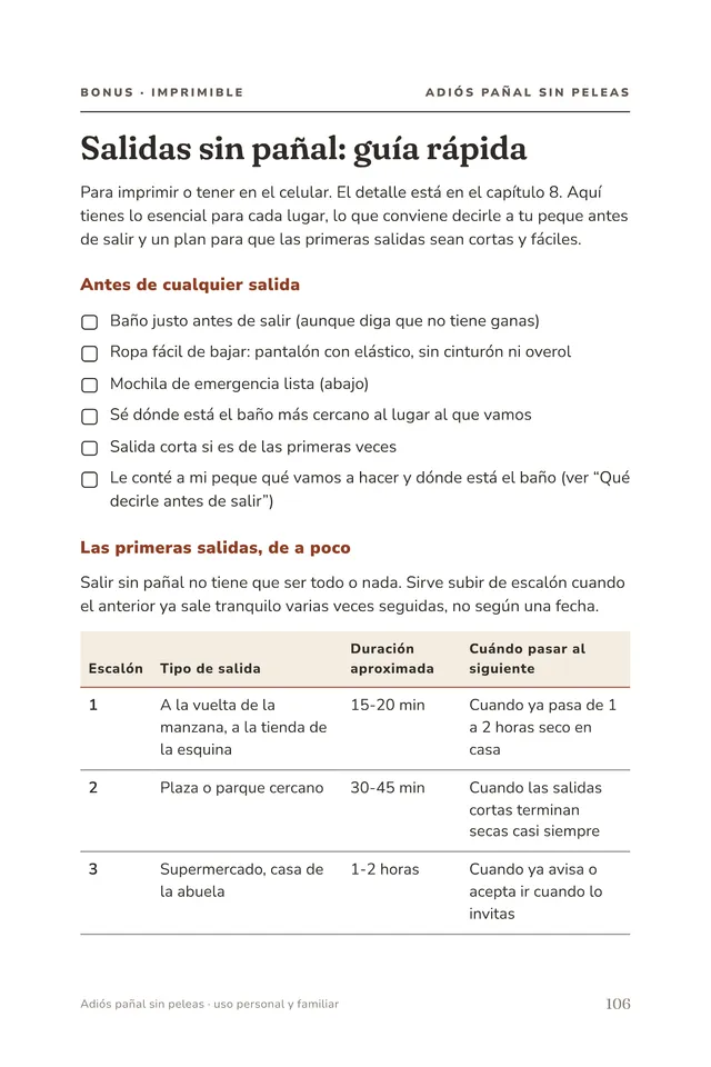 Página del bonus “Salidas sin pañal: guía rápida”.